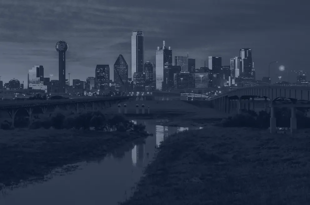 The Dallas skyline and Reunion Tower over the Trinity River